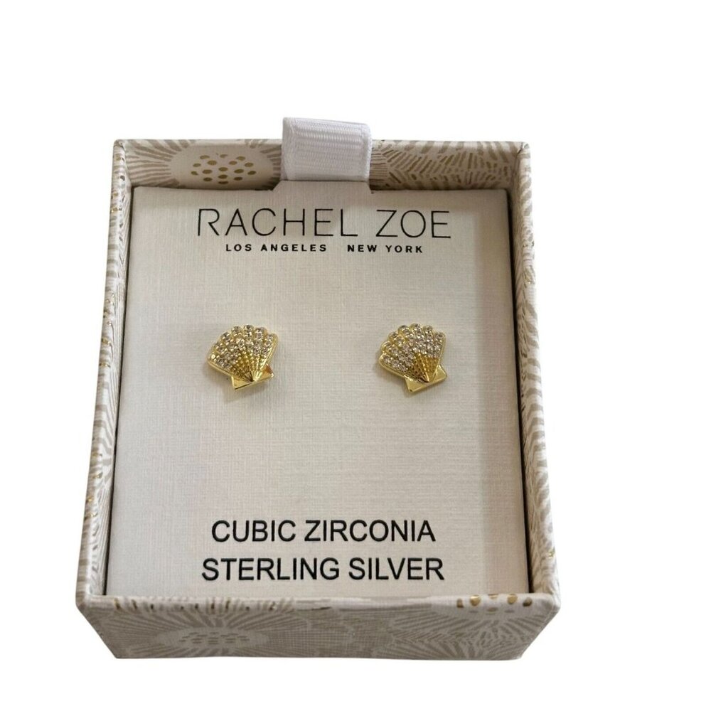NIB Rachel Zoe Gold over 925 Sterling Silver CZ Seashell Stud Earrings